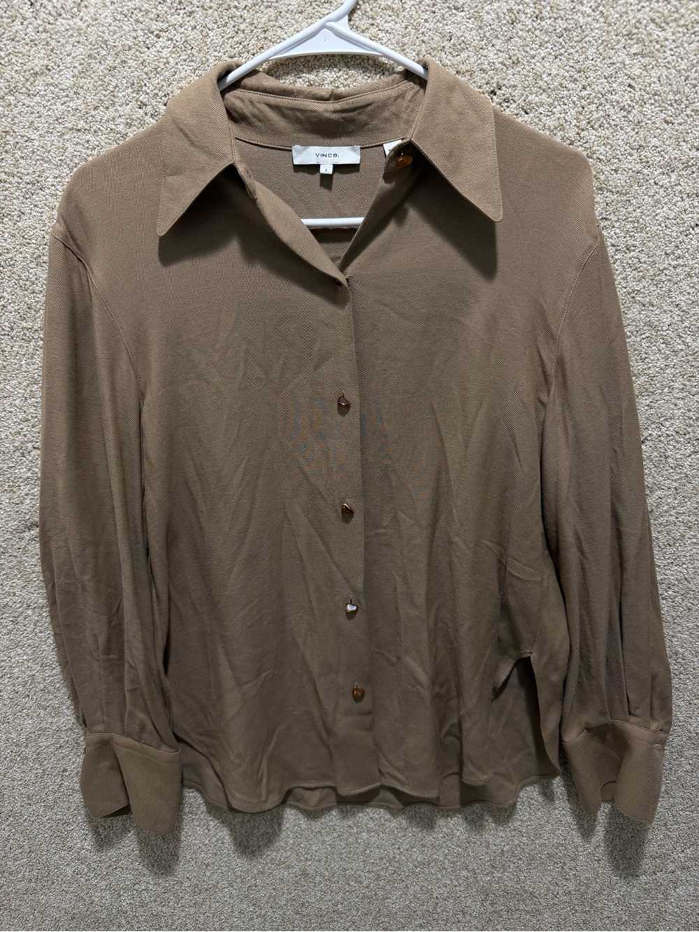 Vince button down shirt long sleeve small tan brown neutral capsule minimal FLAW